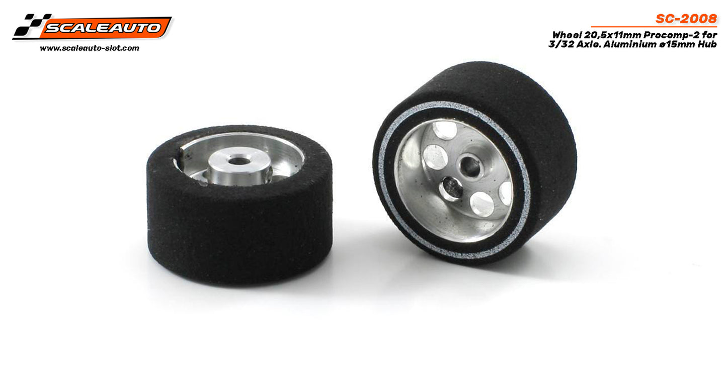 Scaleauto SC-2008 - ProComp2 Sponge Tires 20.5 x 11mm + Aluminum Wheels 15mm OD - for 3/32" axles
