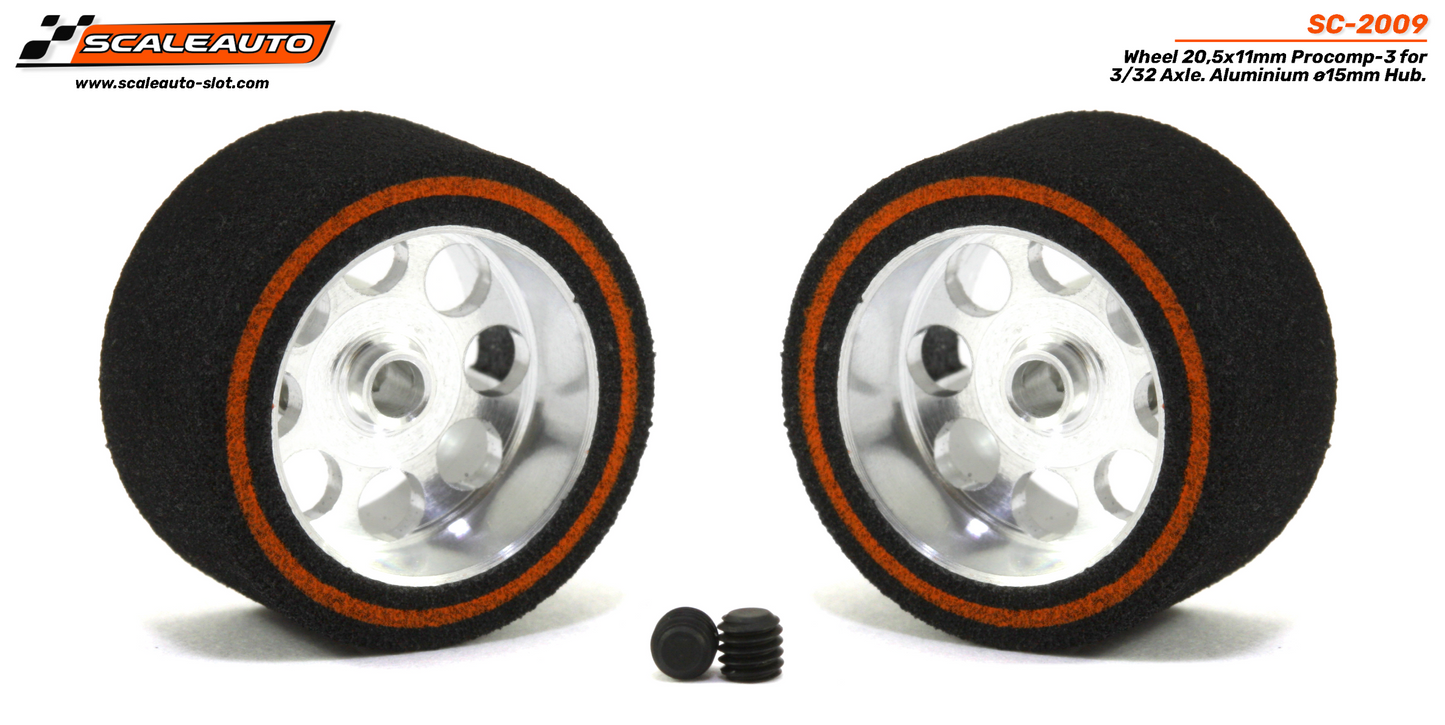 Scaleauto SC-2009 - ProComp3 Sponge Tires 20.5 x 11mm + Aluminum Wheels 15mm OD - for 3/32" axles