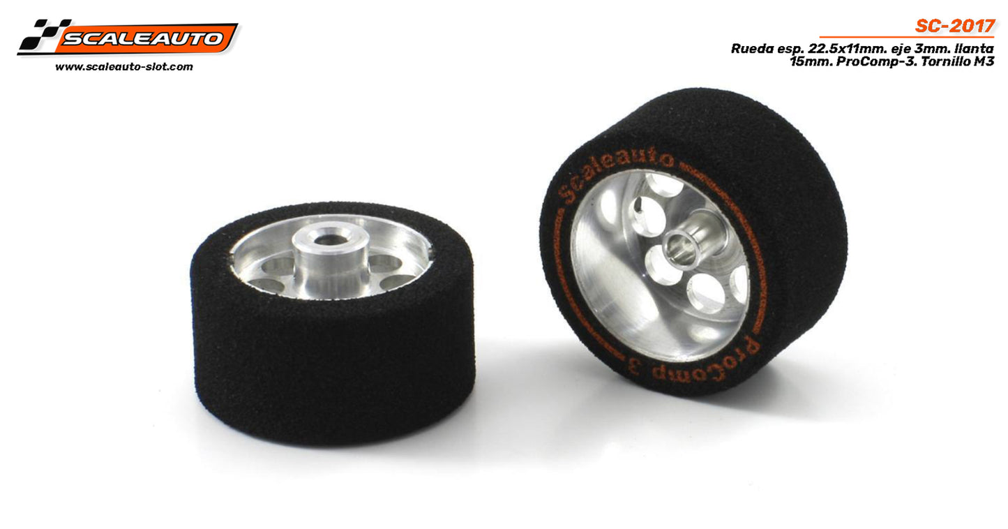 Scaleauto SC-2017 - ProComp3 Sponge Tires 22.5 x 11mm + Aluminum Wheels 15mm OD - for 3mm axles