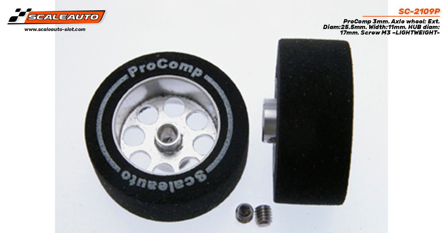 Scaleauto SC-2109P - ProComp Sponge Tires 25.5 x 11mm + Aluminum Wheels 17mm OD - for 3mm axles