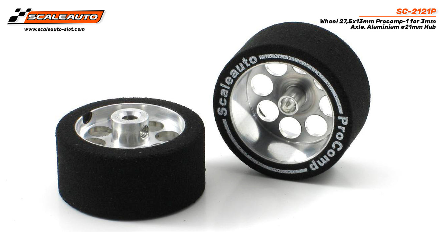 Scaleauto SC-2121P - ProComp Sponge Tires 27.5 x 13mm + Aluminum Wheels 21mm OD - for 3mm axles