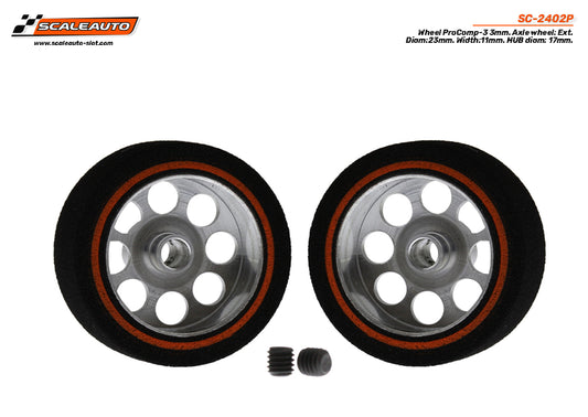 Scaleauto SC-2402P - ProComp3 Sponge Tires 23 x 11mm + Aluminum Wheels 17mm OD - for 3mm axles