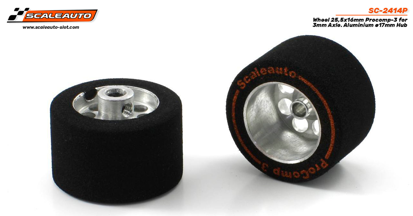 Scaleauto SC-2414P - ProComp3 Sponge Tires 25.5 x 16mm + Aluminum Wheels 17mm OD - for 3mm axles