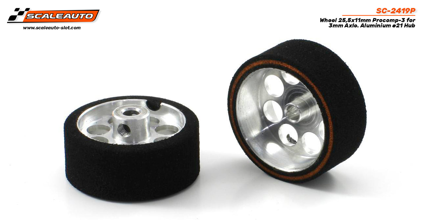 ScaleAuto SC-2419P - ProComp3 Sponge Tires 25.5 x 11mm + Aluminum Wheels 21mm OD - for 3mm axles