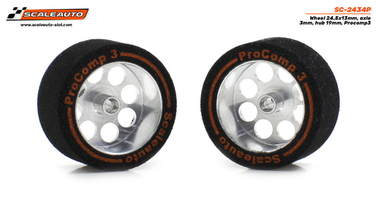 Scaleauto SC-2434P - ProComp3 Sponge Tires 24.5 x 13mm + Aluminum Wheels 19mm OD - for 3mm axles