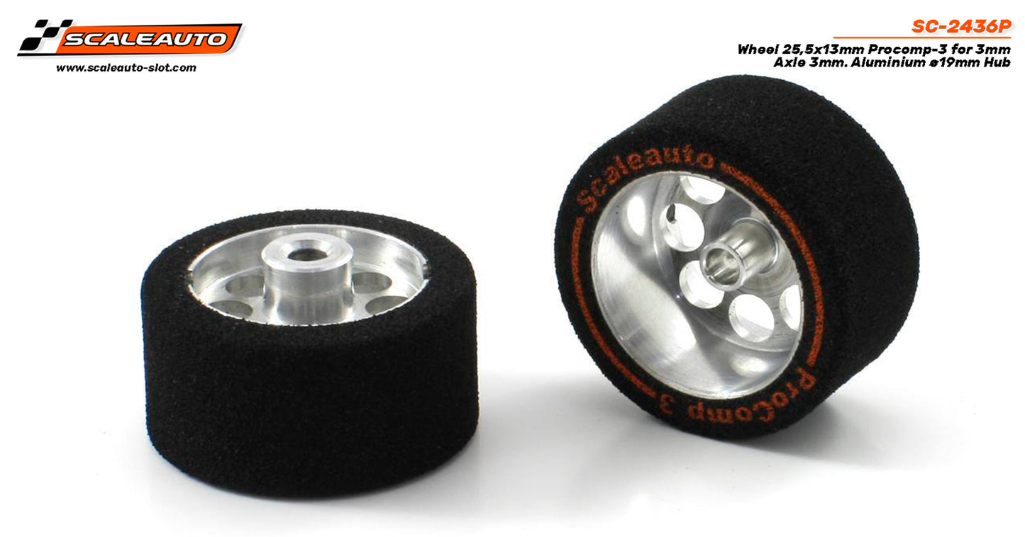 Scaleauto SC-2436P - ProComp3 Sponge Tires 25.5 x 13mm + Aluminum Wheels 19mm OD - for 3mm axles