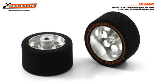 Scaleauto SC-2436P - ProComp3 Sponge Tires 25.5 x 13mm + Aluminum Wheels 19mm OD - for 3mm axles