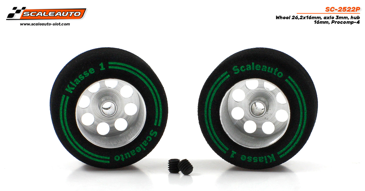 Scaleauto SC-2522P - ProComp4 Sponge Tires 26.2 x 16mm + Aluminum Wheels 16mm OD - for 3mm axles