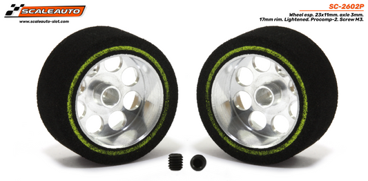 Scaleauto SC-2602P - ProComp2 Sponge Tires 23 x 11mm + Aluminum Wheels 17mm OD - for 3mm axles