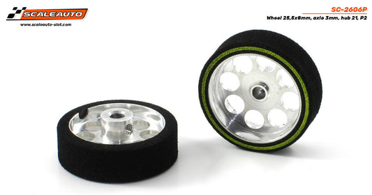 Scaleauto SC-2606P - Sponge Tires 25,5 x 8mm + Aluminum Wheels 21mm OD - for 3mm axles