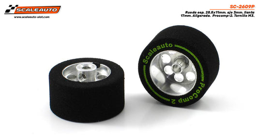 Scaleauto SC-2609P - ProComp2 Sponge Tires 25.5 x 11mm + Aluminum Wheels 17mm OD - for 3mm axles
