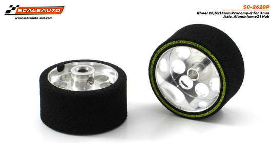 Scaleauto SC-2620P - ProComp2 Sponge Tires 25.5 x 13mm + Aluminum Wheels 21mm OD - for 3mm axles