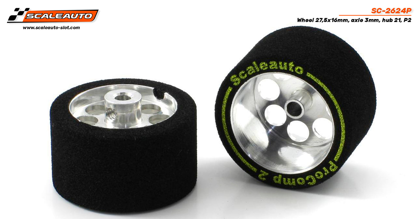 ScaleAuto SC-2624P - ProComp2 Sponge Tires 27.5 x 16mm + Aluminum Wheels 21mm OD - for 3mm axles