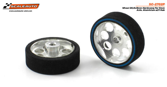 Scaleauto SC-2702P - HardComp Sponge Tires 25.5 x 8mm + Aluminum Wheels 21mm OD - for 3mm axles