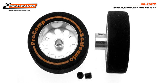 Scaleauto SC-2707P - ProComp3 Sponge Tires 25.5 x 8mm + Aluminum Wheels 17mm OD - for 3mm axles