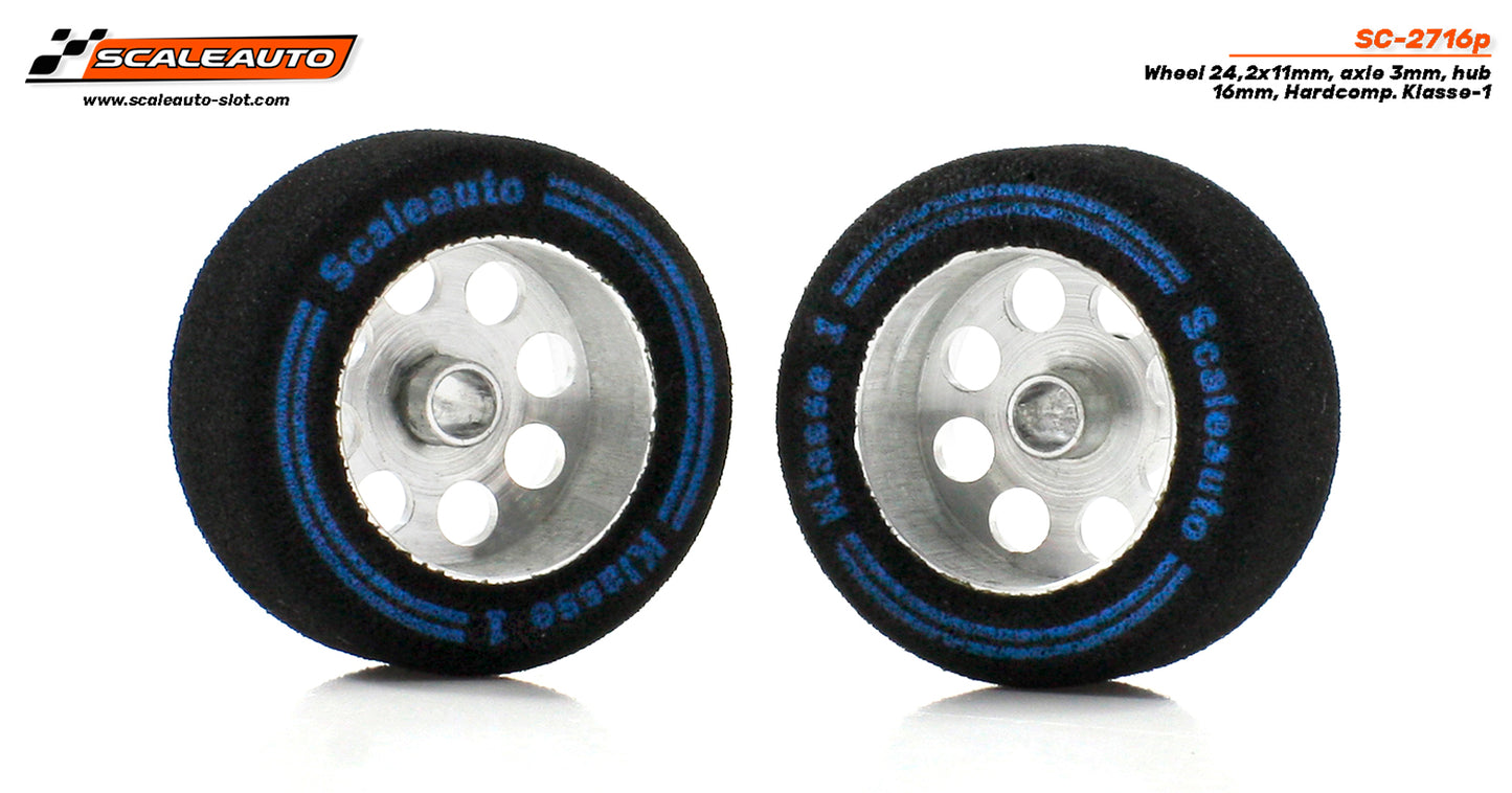 Scaleauto SC-2716P - HardComp Sponge Tires 24.2 x 11mm + Aluminum Wheels 16mm OD - for 3mm axles