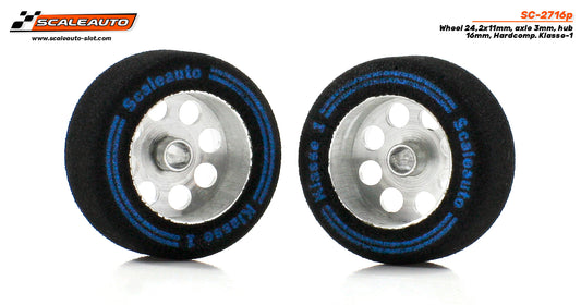 Scaleauto SC-2716P - HardComp Sponge Tires 24.2 x 11mm + Aluminum Wheels 16mm OD - for 3mm axles