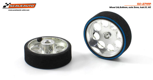 ScaleAuto SC-2719P - HardComp Sponge Tires 24.5 x 8mm + Aluminum Wheels 21mm OD - for 3mm axles
