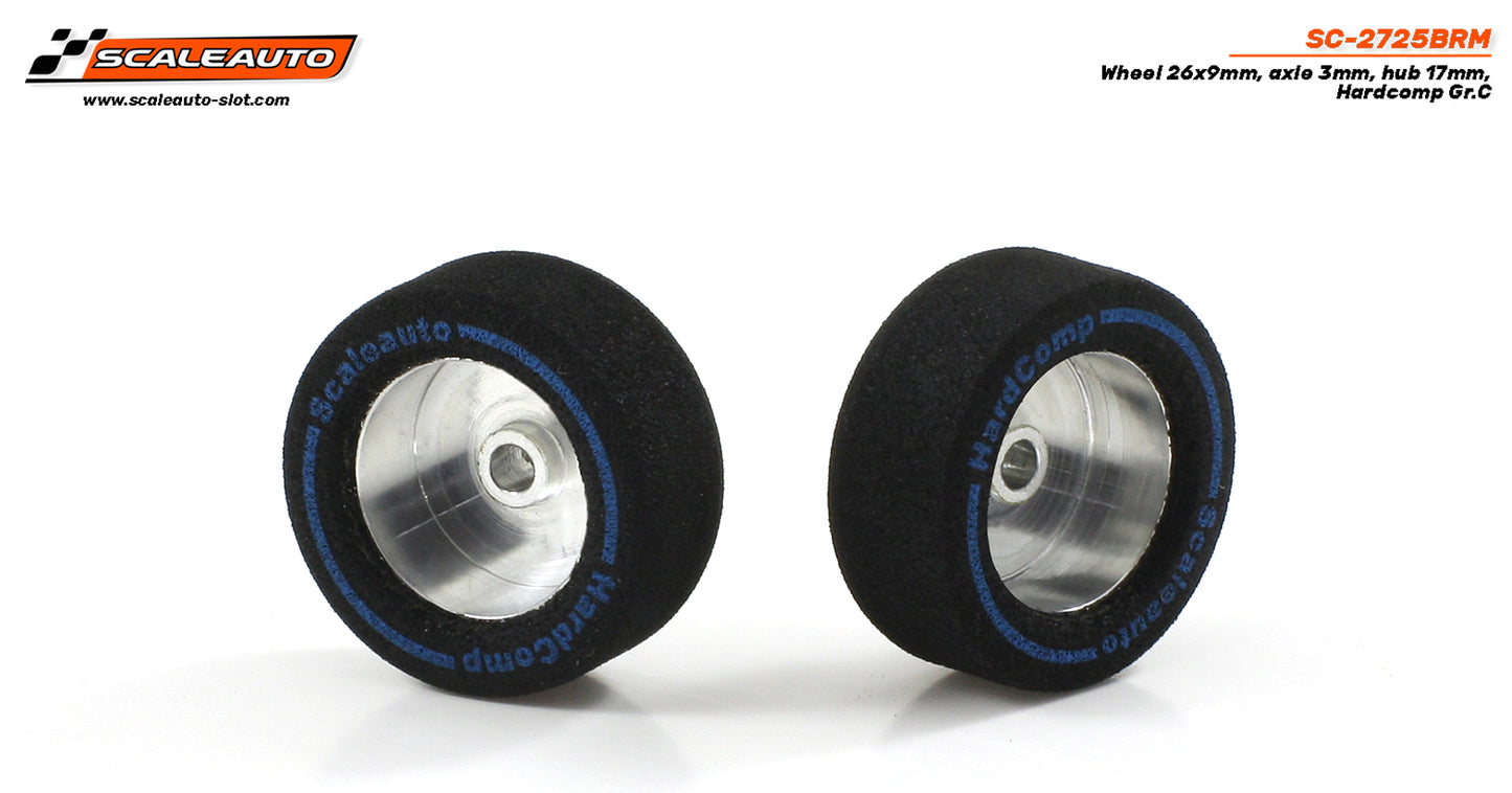 ScaleAuto SC-2725BRM - HardComp Sponge Tires 26 x 9mm + Aluminum Wheels 17mm OD - for 3mm axles